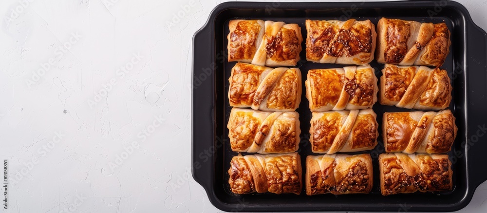 Aufkleber Sausage rolls arranged on a baking tray on a white table background in a top view photo with space for text or design known as a copy space image