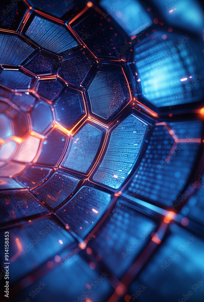 Poster an abstract background with hexagonal patterns and cool tones, evoking a futuristic and technologica