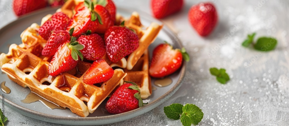 Poster selective focus on waffles topped with fresh strawberries in a copy space image