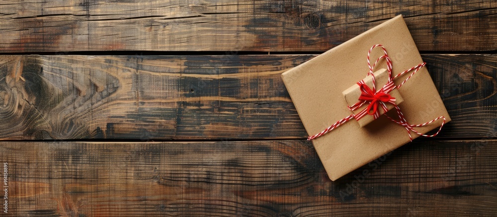 Poster gift box and notebook paper on wooden floor background for christmas decor with copy space image