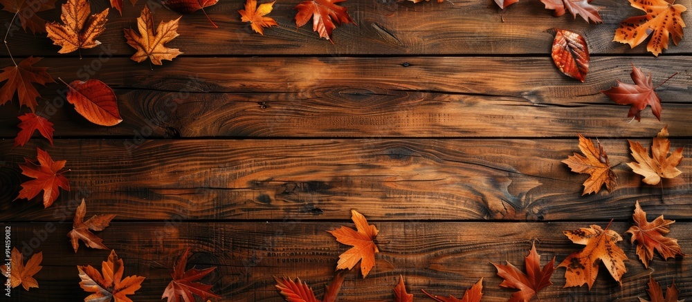 Fototapete top down view of a rustic wooden table adorned with vibrant fall leaves perfect for thanksgiving or 