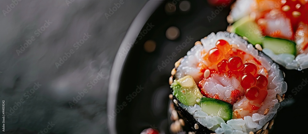 Aufkleber top view of a uramaki sushi roll with cucumber avocado shrimp and red tobiko roe with copy space ima