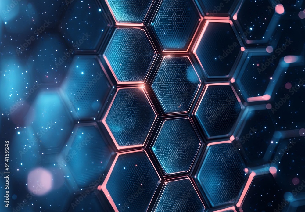 Poster an abstract background with hexagonal patterns and cool tones, evoking a futuristic and technologica