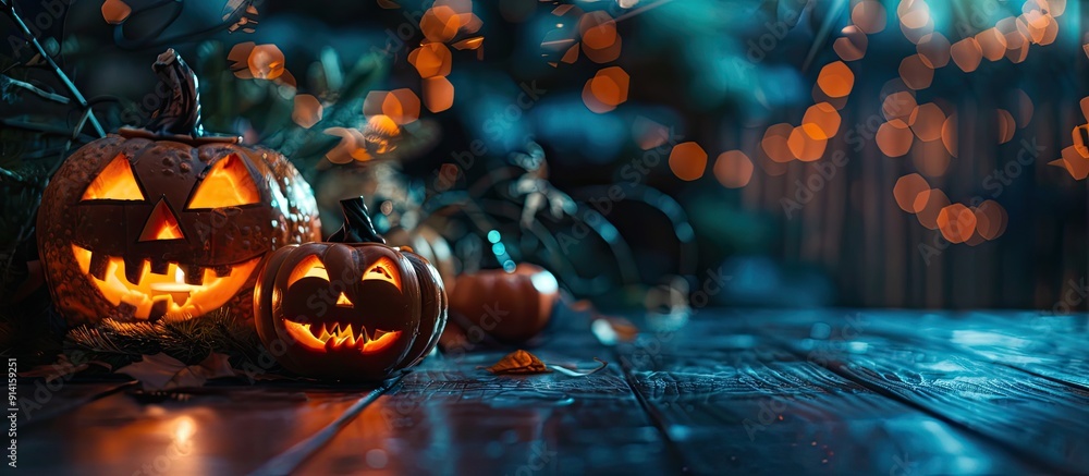 Poster a real photo of halloween pumpkin lanterns on the table with copy space image