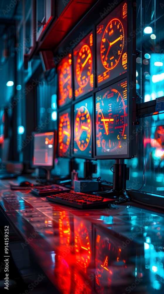 Poster futuristic control room with multiple screens displaying time concepts