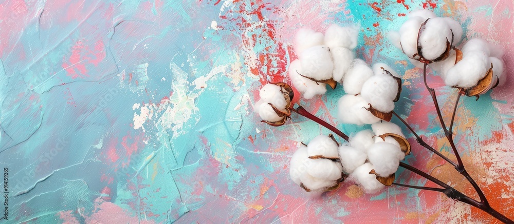 Poster top down view of a white fluffy cotton flower branch on a colorful surface with empty space for text