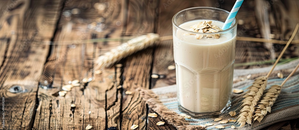 Poster A glass of oat milk with a blue paper straw on a wooden background perfect for adding text or images in the copy space image