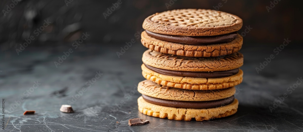 Poster sandwich cookies with vanilla chocolate filling set on a dark backdrop with copy space image