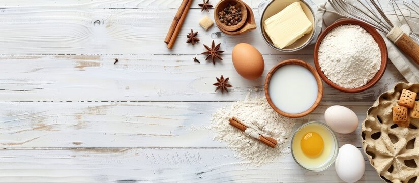 Displayed on a white wooden table are various baking ingredients like wheat flour eggs butter sugar milk and spices in a bowl The top view has room for adding text or design. Creative banner