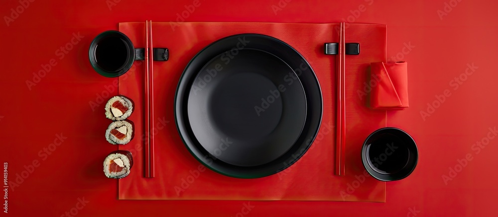 Aufkleber top down view of a sushi set laid on a red napkin with a black plate chopsticks and soy sauce offeri
