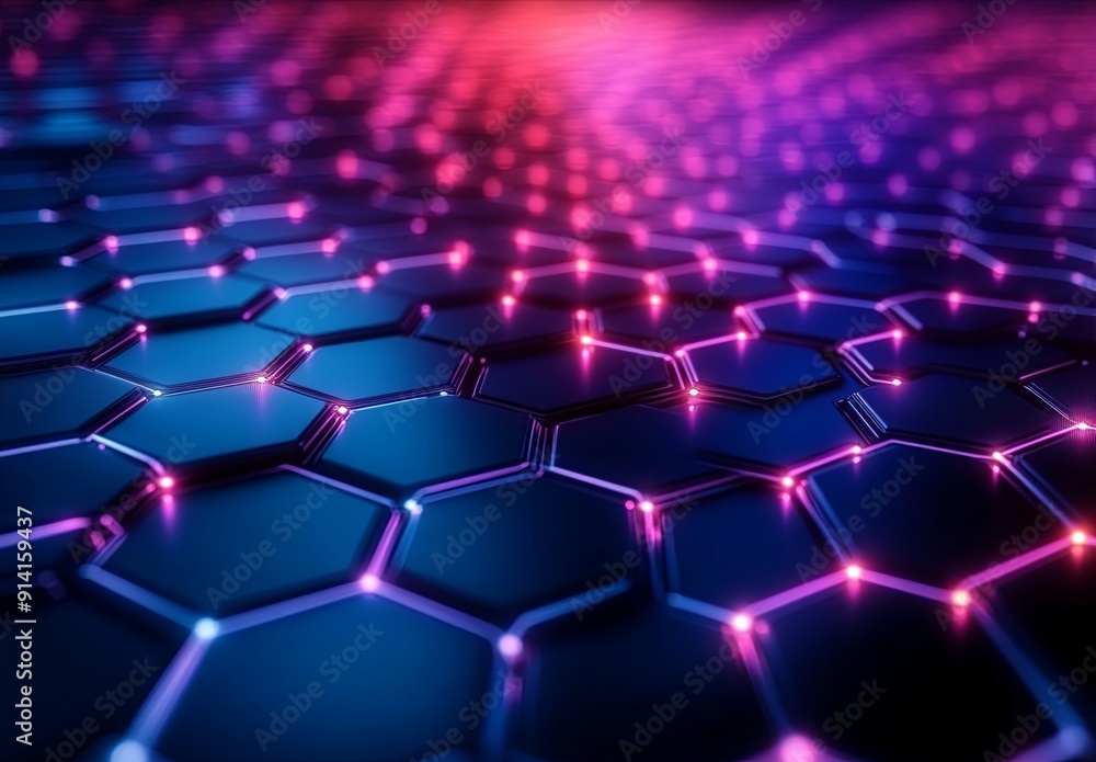 Poster an abstract background with hexagonal patterns and cool tones, evoking a futuristic and technologica