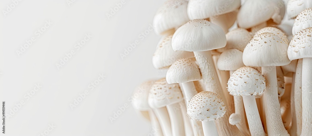 Poster White mushrooms on a white background creating a clean aesthetic with copy space image