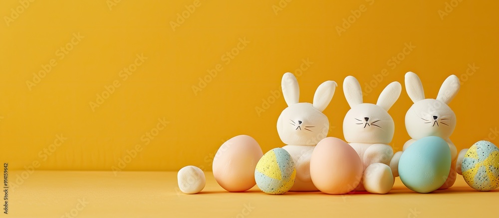 Poster An image suitable for Easter featuring three marshmallow bunnies and colorful chocolate Easter eggs on an orange surface with a yellow background offering space for copying