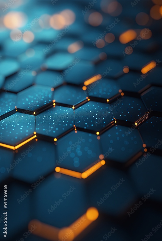 Poster an abstract background with hexagonal patterns and cool tones, evoking a futuristic and technologica
