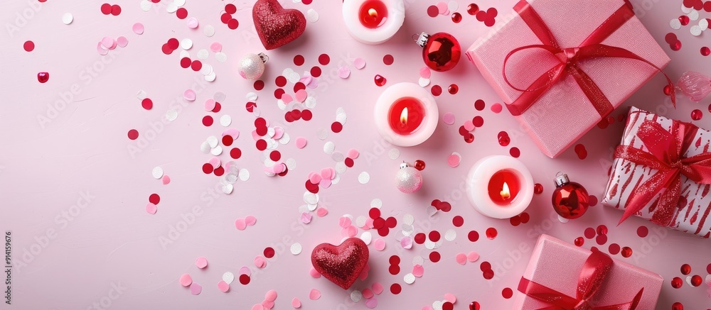 Aufkleber valentine s day themed picture with gifts candles and confetti on a pink background top view with am