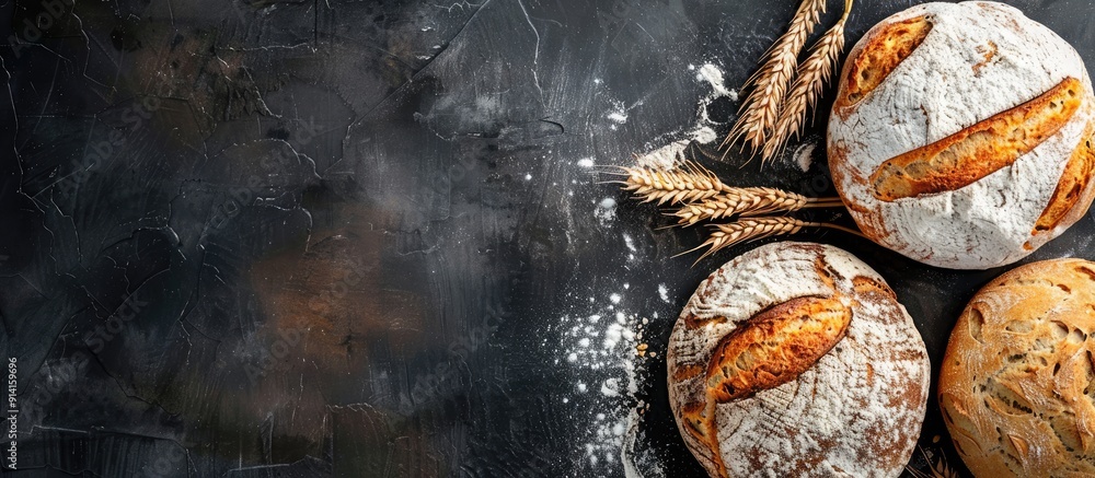 Poster Top view of a selection of assorted bakery items including three circular loaves made from wheat and rye flour with room for text or images. Creative banner. Copyspace image