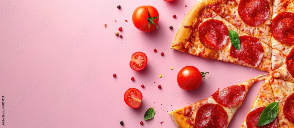 Poster pepperoni pizza slices and cherry tomato on a pink backdrop with copy space image