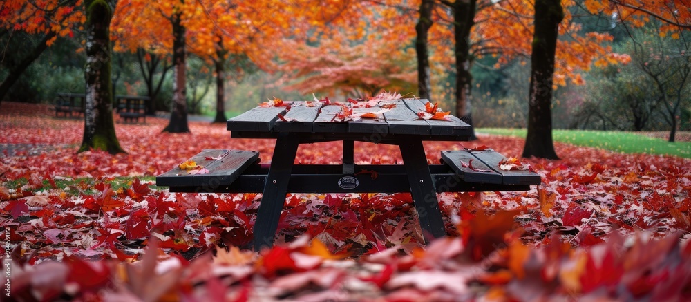Aufkleber In a park fallen red and gold autumn maple leaves surround a picnic table creating a picturesque scene with copy space image available