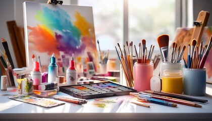 Colorful cosmetics scattered on an artist’s table with paintbrushes and sketches.