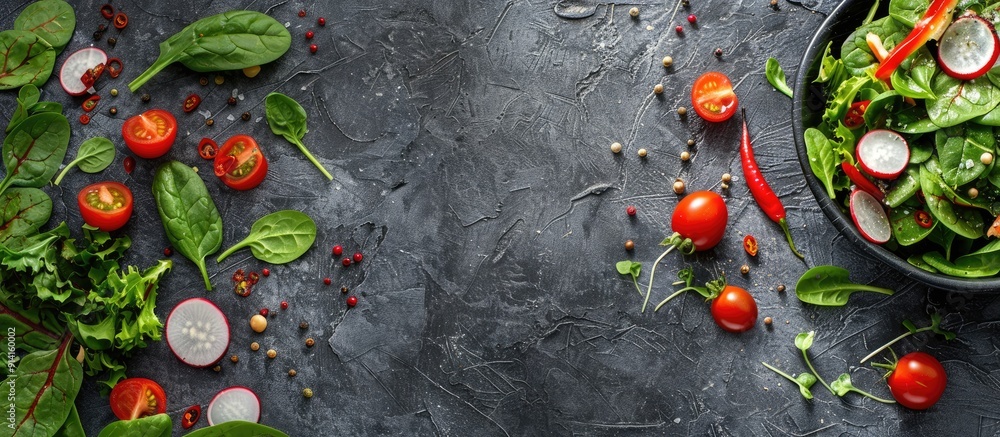 Poster Fresh vegetable salad beautifully presented on a textured gray stone backdrop with ample copy space showcasing a vibrant array of colorful ingredients such as tomatoes spinach peppers chili and radis