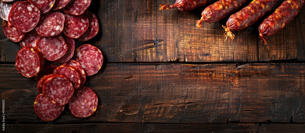 Aufkleber wooden table with sausage slices arranged ideal for copy space image