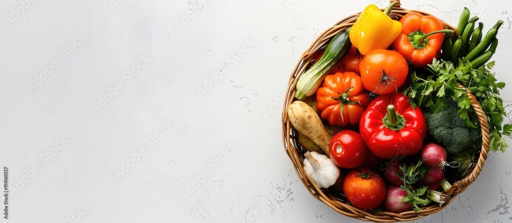 Aufkleber Isolated on a white background a top view basket of vegetables is ideal for a web banner with ample copy space image