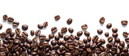 Obraz premium A white background is used to feature coffee beans in a solo image perfect for adding text or other elements. Creative banner. Copyspace image
