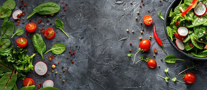 Fresh vegetable salad beautifully presented on a textured gray stone backdrop with ample copy space showcasing a vibrant array of colorful ingredients such as tomatoes spinach peppers chili and radis