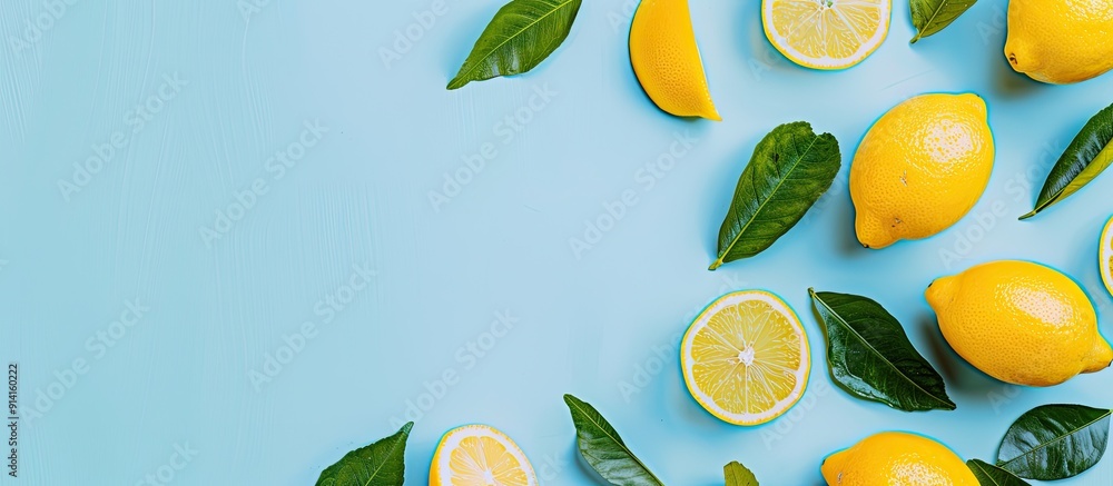 Poster a fresh and trendy summer themed flat lay with lemon patterns on a bright light blue background with