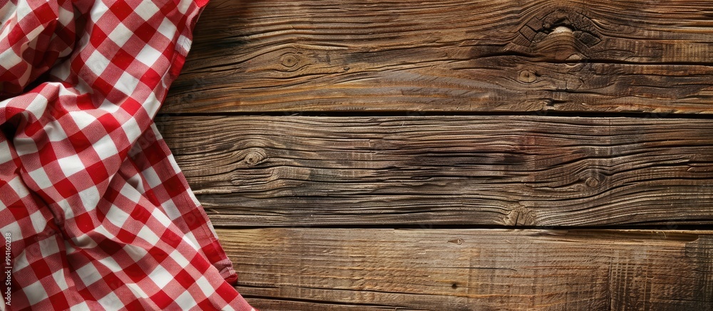 Leinwandbilder red checkered napkin or tablecloth on raw wooden table showing planks and texture with available cop