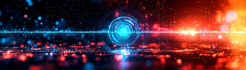 Obraz premium Abstract digital background with glowing circle and light streaks.