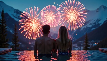 Couple watching fireworks over a mountain landscape at dusk while sitting in an outdoor pool. Romantic holiday celebration concept. Design for poster, banner, greeting card, invitation, postcard.