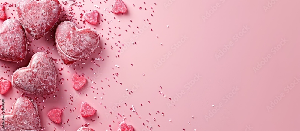 Poster valentine s day themed image with heart shaped candies on a pink backdrop offering empty space for a