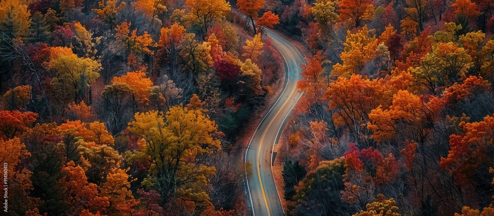 Poster a picturesque autumn scene with a winding road dotted with colorful trees perfect for a copy space i