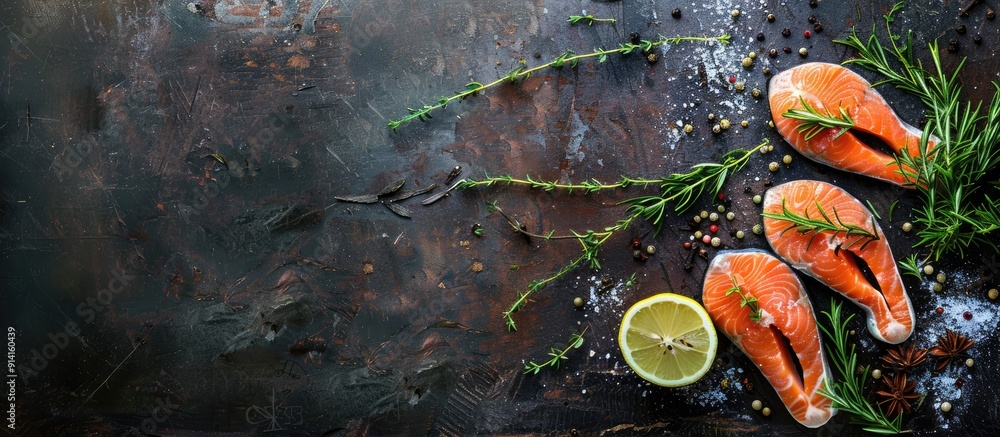 Poster salmon steaks with herbs lemon rosemary and spices displayed on a rustic background with copy space 