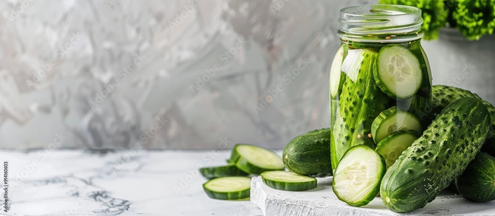 Aufkleber Fresh cucumbers in a pickling jar set on a white marble table with copy space image