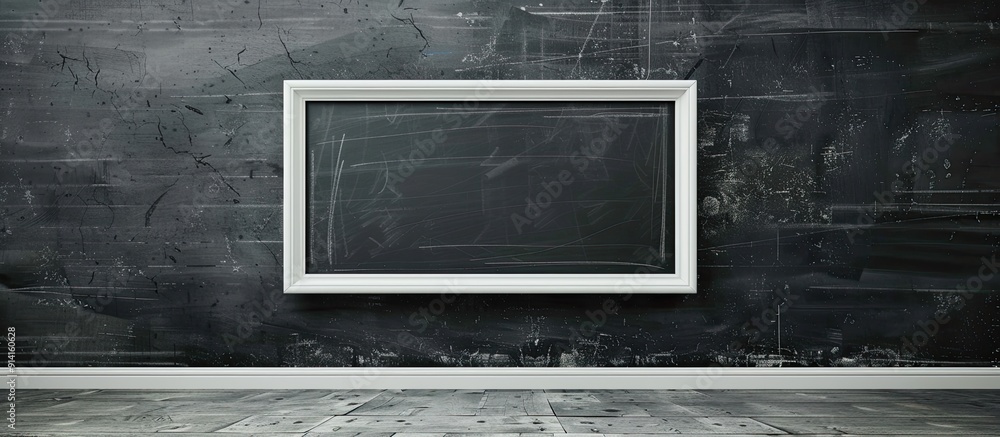 Wall mural long banner with a white rectangular frame on a textured blackboard background containing a copy spa