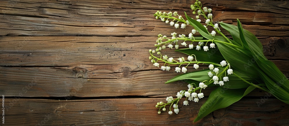 Aufkleber lily of the valley bouquet on aged wooden table background with copy space image
