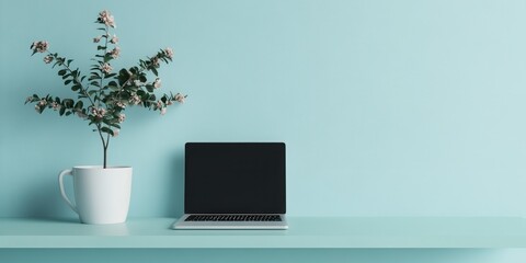 Laptop on a blue desk with a plant in a white mug.