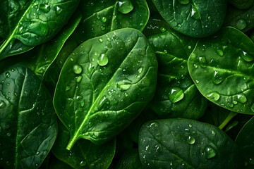 Fototapeta premium Fresh green spinach leaves with water drops background. Generative Ai.