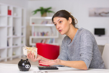 woman with banknotes and piggybank making calculations