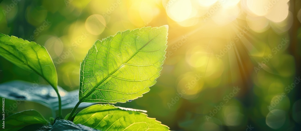 Poster A stunning natural view showcasing a vibrant green leaf against a blurred green backdrop in a garden bathed in sunlight with ample copy space and emphasizing a lush eco friendly setting