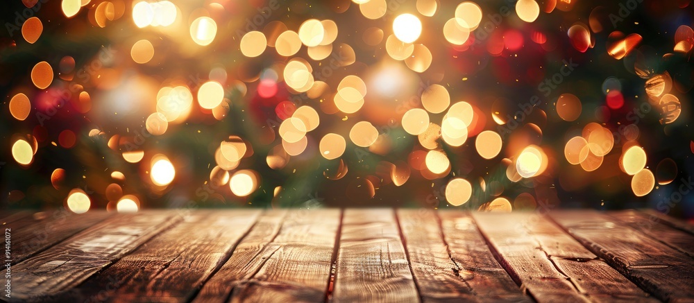 Aufkleber A wooden table with a blurred Christmas tree background adorned with twinkling lights serves as a festive holiday setting for product display or montages with copy space image