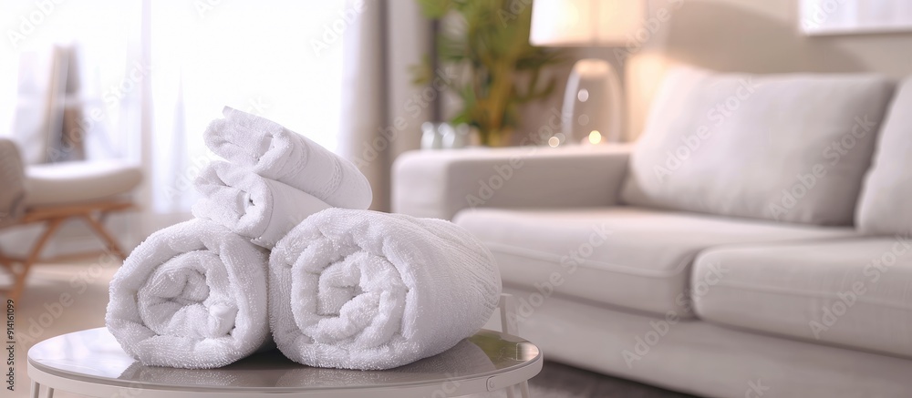 Poster White towels neatly rolled on a table with a clear space for an image against a soft focus living room backdrop suitable for showcasing products. Creative banner. Copyspace image