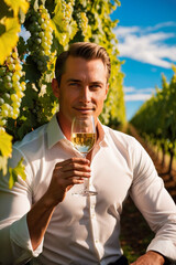 Fototapeta premium An elegant middle-aged, 40s man tastes white wine from a glass. Generated AI