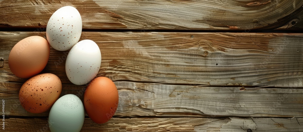 Poster wooden background with copy space image featuring eggs