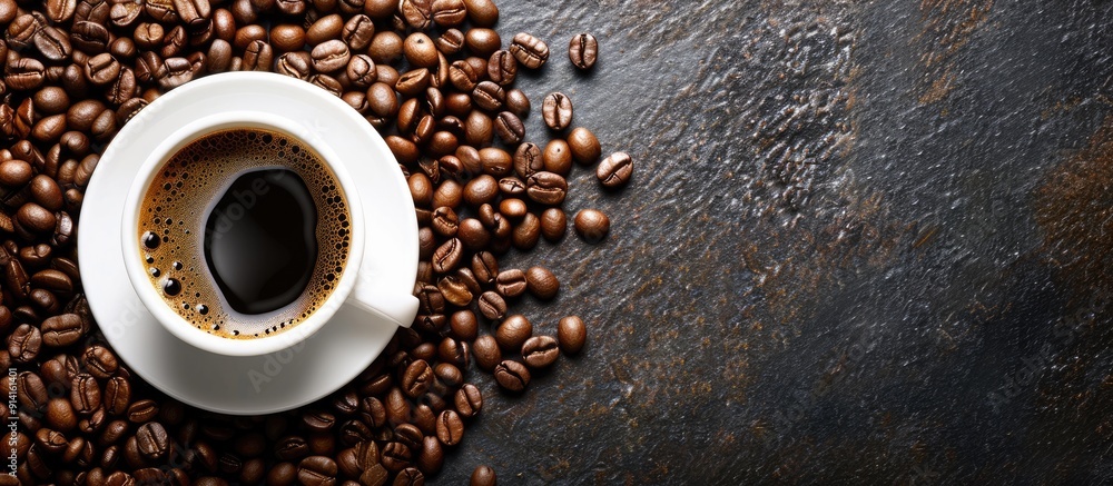 Aufkleber Overhead view of a cup of coffee with coffee beans around it with copy space image