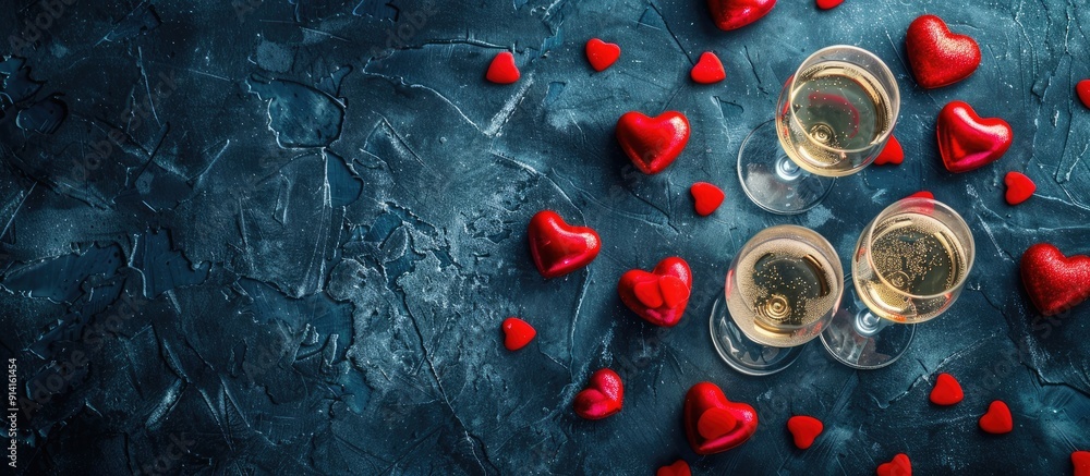 Aufkleber A romantic Valentine s Day card featuring champagne glasses and heart shaped candies shown from above with space for text or images such as in a flat lay composition. Creative banner. Copyspace image