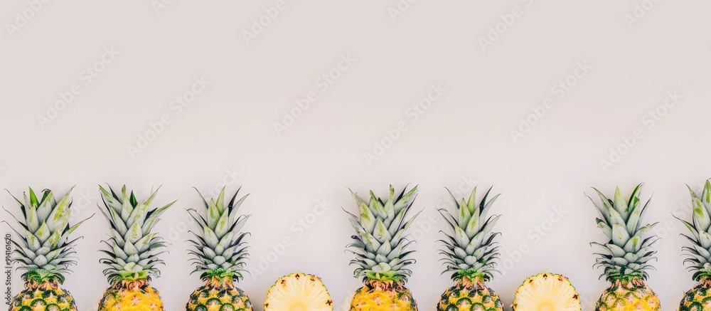 Aufkleber Fresh pineapples arranged in a neat stack with a white background perfect for a copy space image