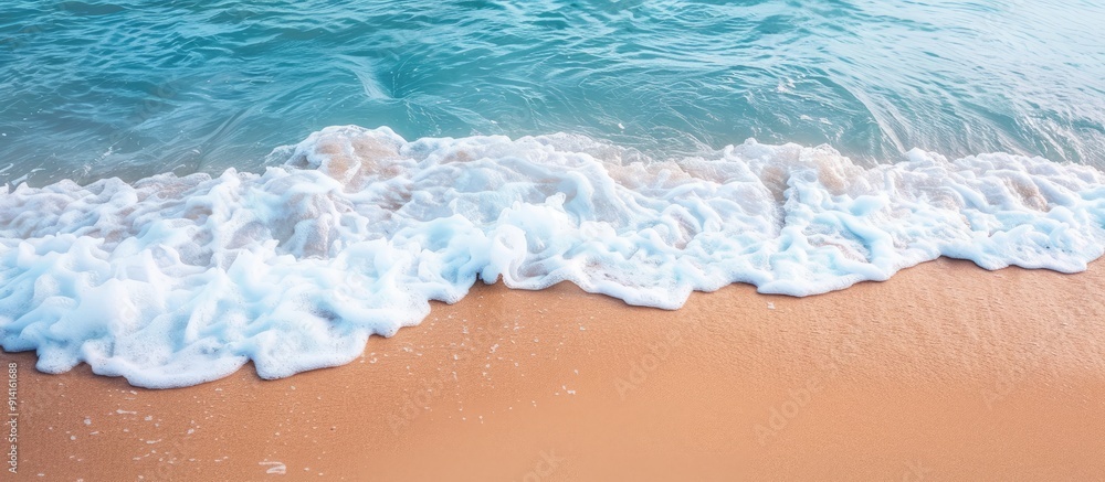 Poster sandy beach in summertime with gentle waves and white foam ideal as copy space image for travel them